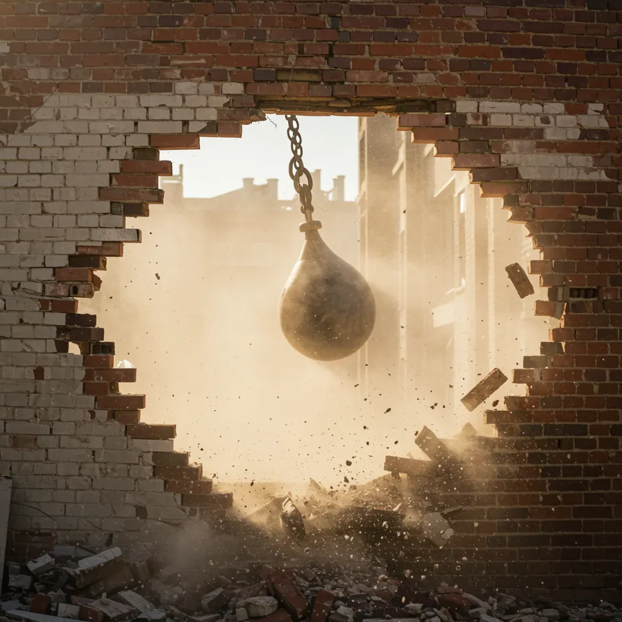 "Imagen realista de un muro de ladrillo antiguo desmoronándose bajo un martillo hidráulico, con polvo y escombros volando en un soleado entorno urbano."