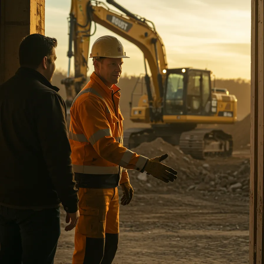"Trabajador blanco en equipo de seguridad estrechando la mano a un cliente en un sitio de construcción con maquinaria pesada, iluminado por la luz dorada del atardecer."