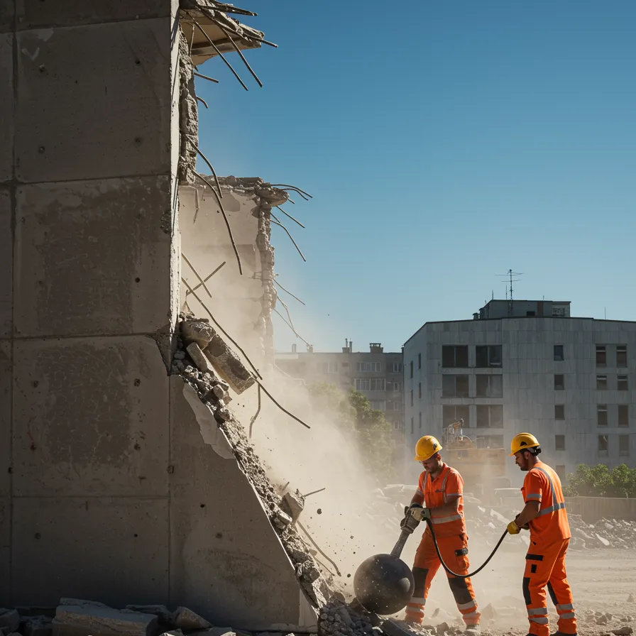 "Ilustración de demolición con trabajadores en equipo usando un martillo neumático y una bola de demolición en un sitio urbano, mostrando un muro de concreto colapsado y nubes de polvo bajo un cielo azul."