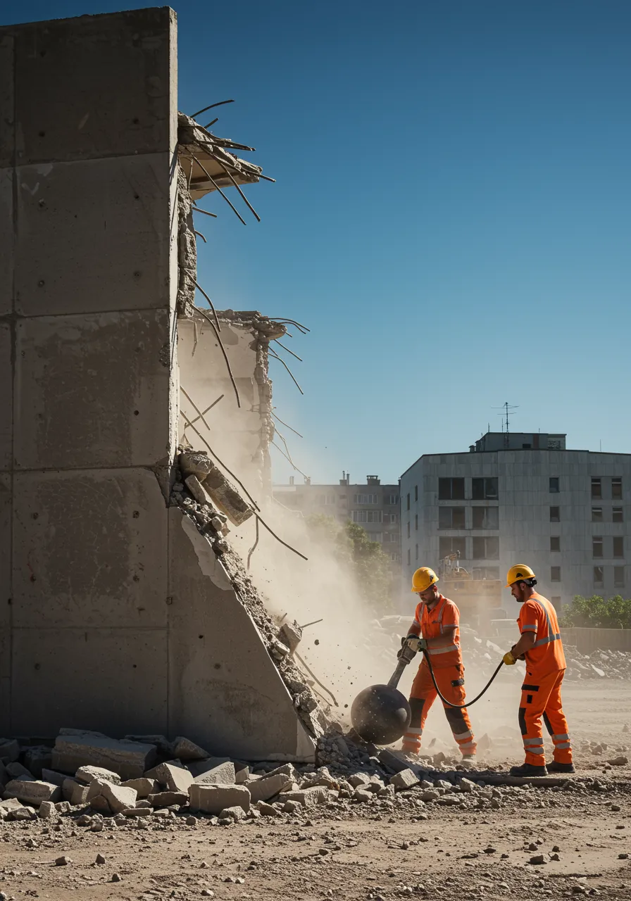 imagen15 "Ilustración de demolición con trabajadores en equipo usando un martillo neumático y una bola de demolición en un sitio urbano, mostrando un muro de concreto colapsado y nubes de polvo bajo un cielo azul."