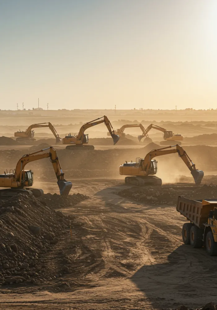 imagen17 "Excavadoras, bulldozers y camiones de volquete trabajando en un gran proyecto de construcción en la provincia de Sevilla bajo la luz del sol, con un ambiente polvoriento y sombras alargadas."