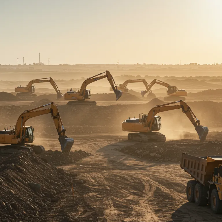 "Excavadoras, bulldozers y camiones de volquete trabajando en un gran proyecto de construcción en la provincia de Sevilla bajo la luz del sol, con un ambiente polvoriento y sombras alargadas."