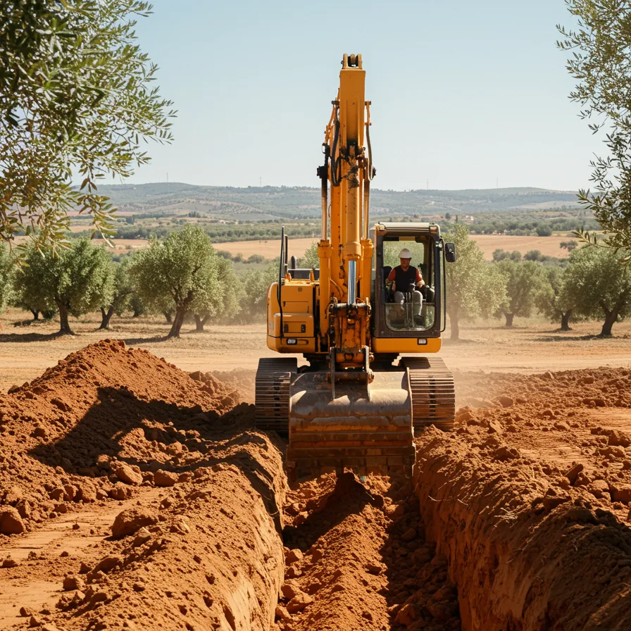 "Excavadora hidráulica trabajando en un trench profundo en el campo de Sevilla, con un operador en cabina, rodeada de olivares y colinas."