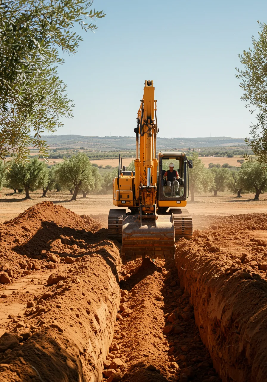 imagen18 "Excavadora hidráulica trabajando en un trench profundo en el campo de Sevilla, con un operador en cabina, rodeada de olivares y colinas."
