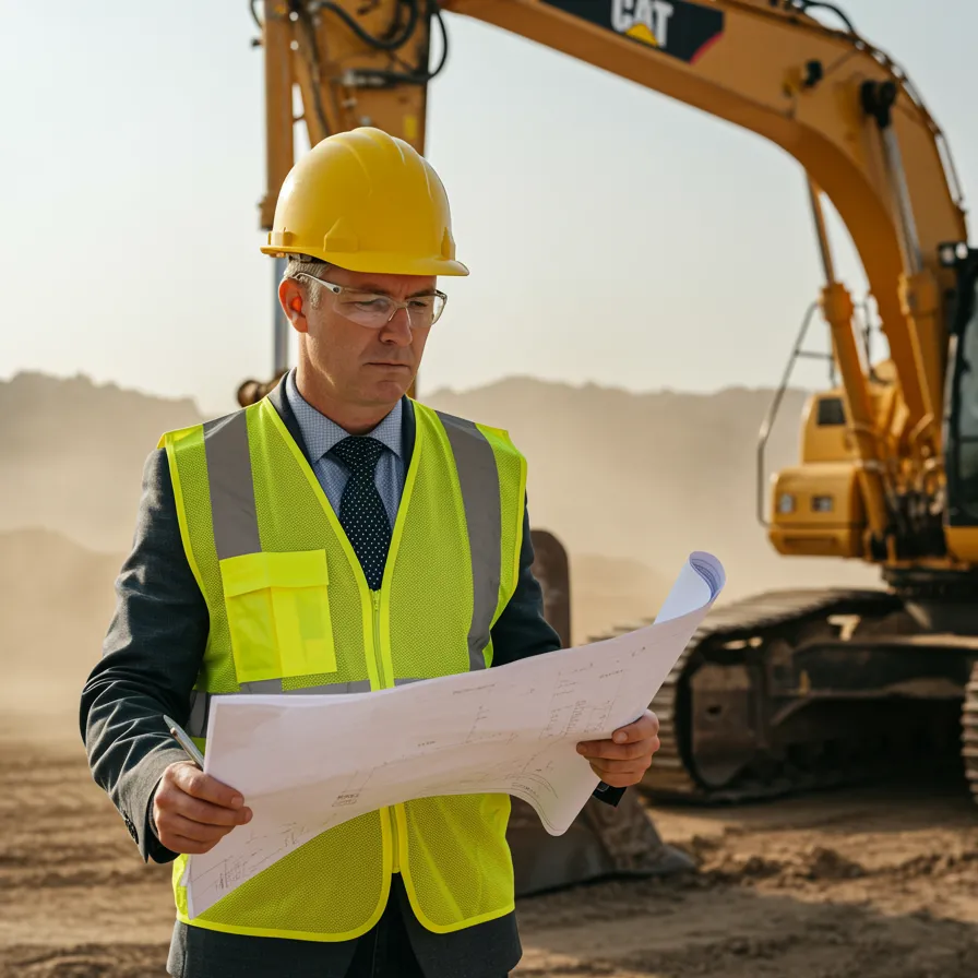 "Gerente de obra masculino revisando planos en un sitio de construcción con máquina de movimiento de tierra, bajo un cielo despejado y con luz realista."