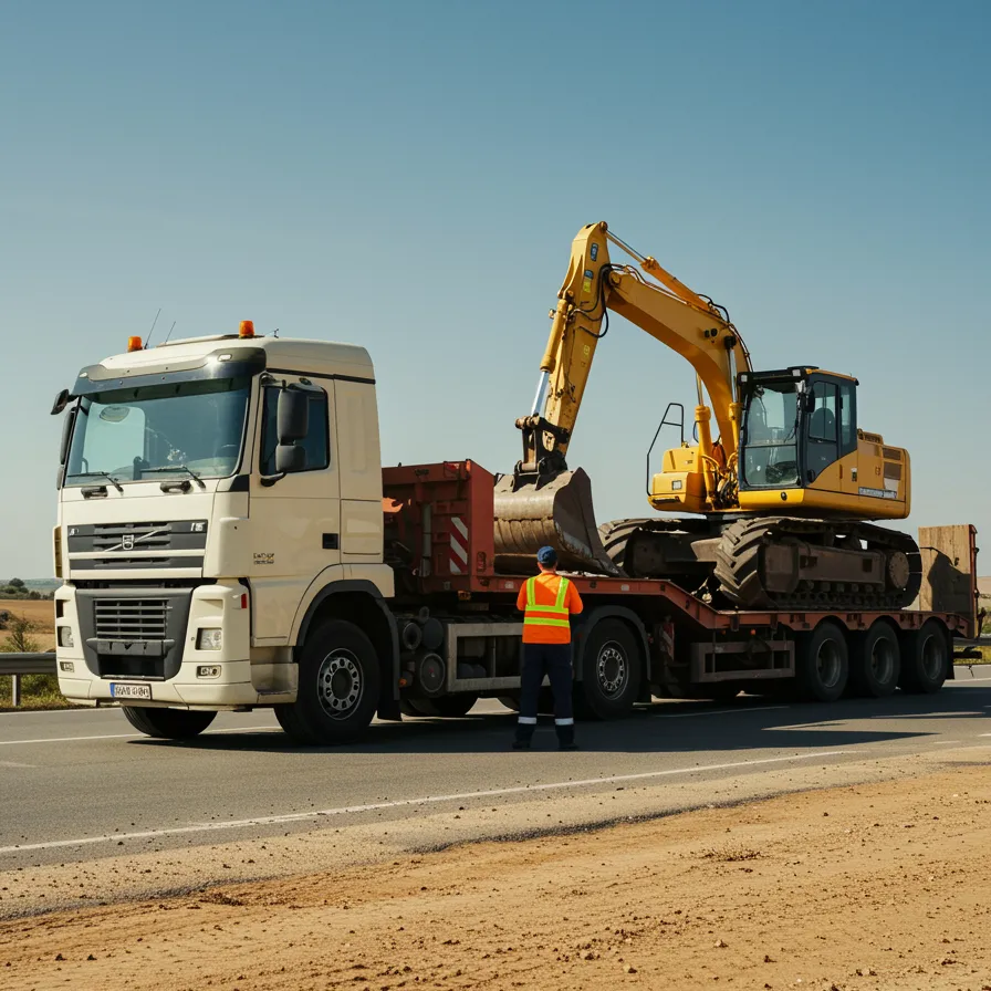"Camión de transporte pesado cargado con maquinaria de movimiento de tierras, estacionado en una carretera rural iluminada por el sol cerca de Sevilla, con conductor masculino en chaleco reflectante."