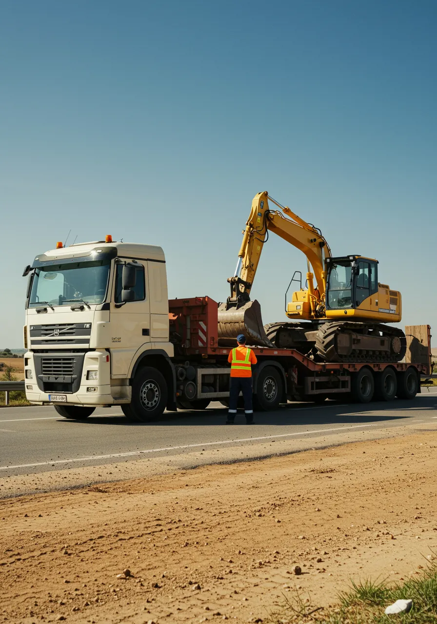 imagen20 "Camión de transporte pesado cargado con maquinaria de movimiento de tierras, estacionado en una carretera rural iluminada por el sol cerca de Sevilla, con conductor masculino en chaleco reflectante."