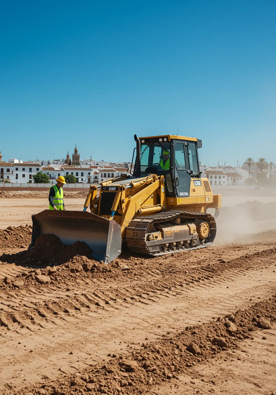 imagen21 "Ilustración digital de un bulldozer en acción en un sitio de construcción polvoriento cerca de Sevilla, con un operador en chaleco de seguridad amarillo y edificios andaluces al fondo."