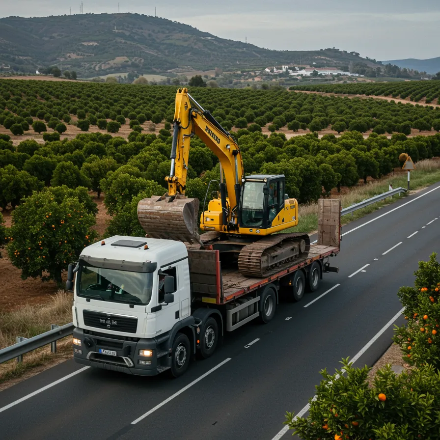 "Camión de transporte de plataforma con excavadora amarilla en carretera rural andaluza, conducido por un hombre, rodeado de campos y naranjos bajo un cielo despejado."