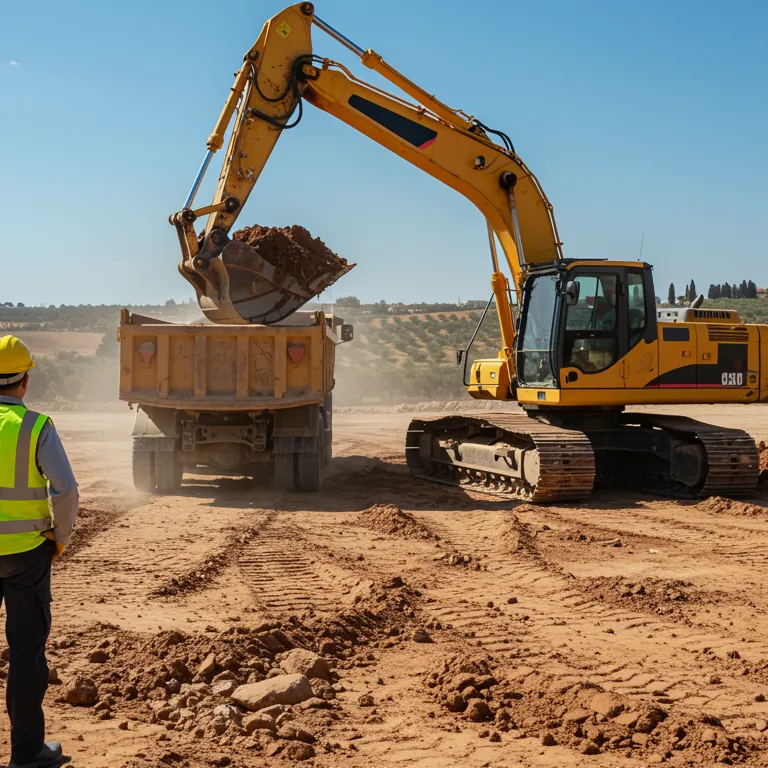 "Supervisor de construcción en Sevilla con casco amarillo y chaleco reflectante, supervisando excavadora hidráulica en obra de movimiento de tierras bajo cielo azul."