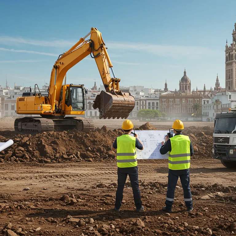 "Ilustración digital de un dinámico sitio de construcción en Sevilla, con excavadoras y trabajadores coordinando proyectos de excavación y demolición bajo un cielo azul, ideal para servicios de movimiento de tierras."