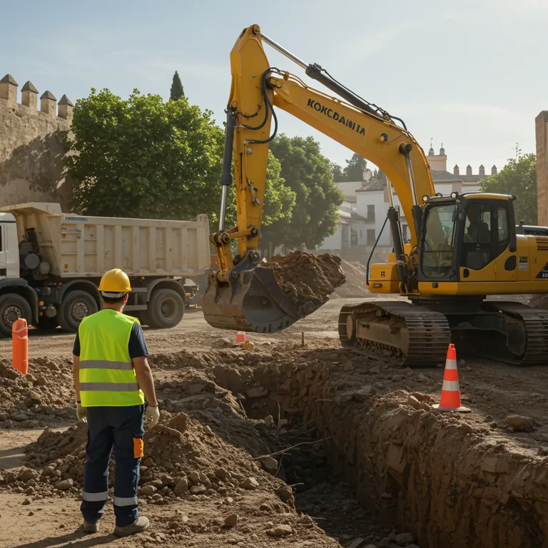 "Excavación profesional en Sevilla con operador de maquinaria y retroexcavadora, destacando la eficiencia en servicios de movimiento de tierra bajo el sol mediterráneo."