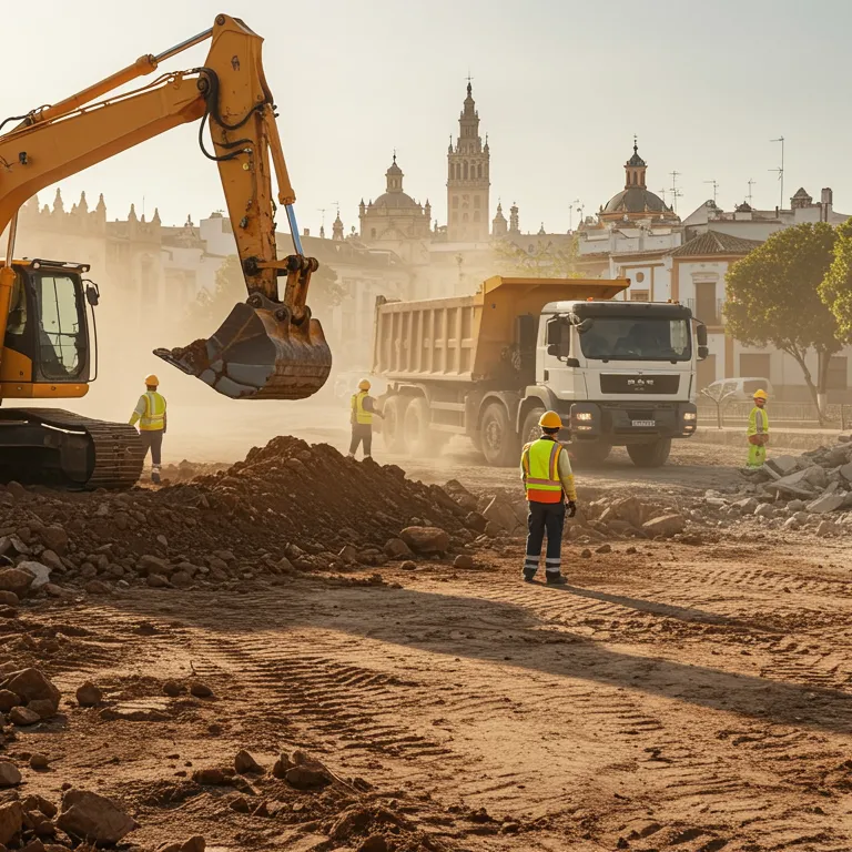 "Excavadora hidráulica amarilla en un sitio de demolición en Sevilla, con trabajadores supervisando la carga de escombros bajo el cálido sol mediterráneo."